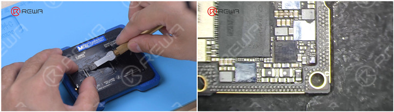 Apply a layer of low-temperature Solder Paste and wipe off excess solder paste with a Lint-free Wipe. Remove the reballing stencil. Check if solder paste on the signal board is full. 